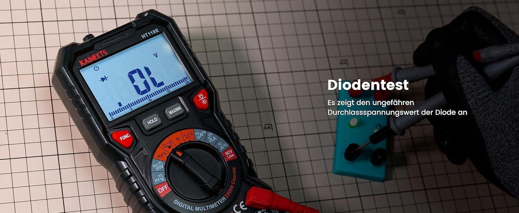 Digital Multimeter mit LED-Buchsen, KAIWEETS HT118E Strommessgerät, True RMS Auto-Range 20000 Zähler, misst Spannung,Kapazität, Temperatur, Widerstand