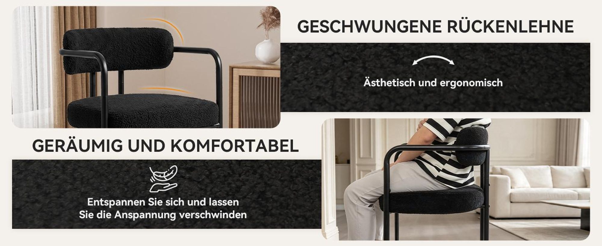 Puluomis Esszimmerstuhl mit Armlehnen 4er Set, Ergonomischer Küchenstühle mit gepolsterten Sitz, Teddyfleece Bezug, 120kg Tragfähigkeit schwarz