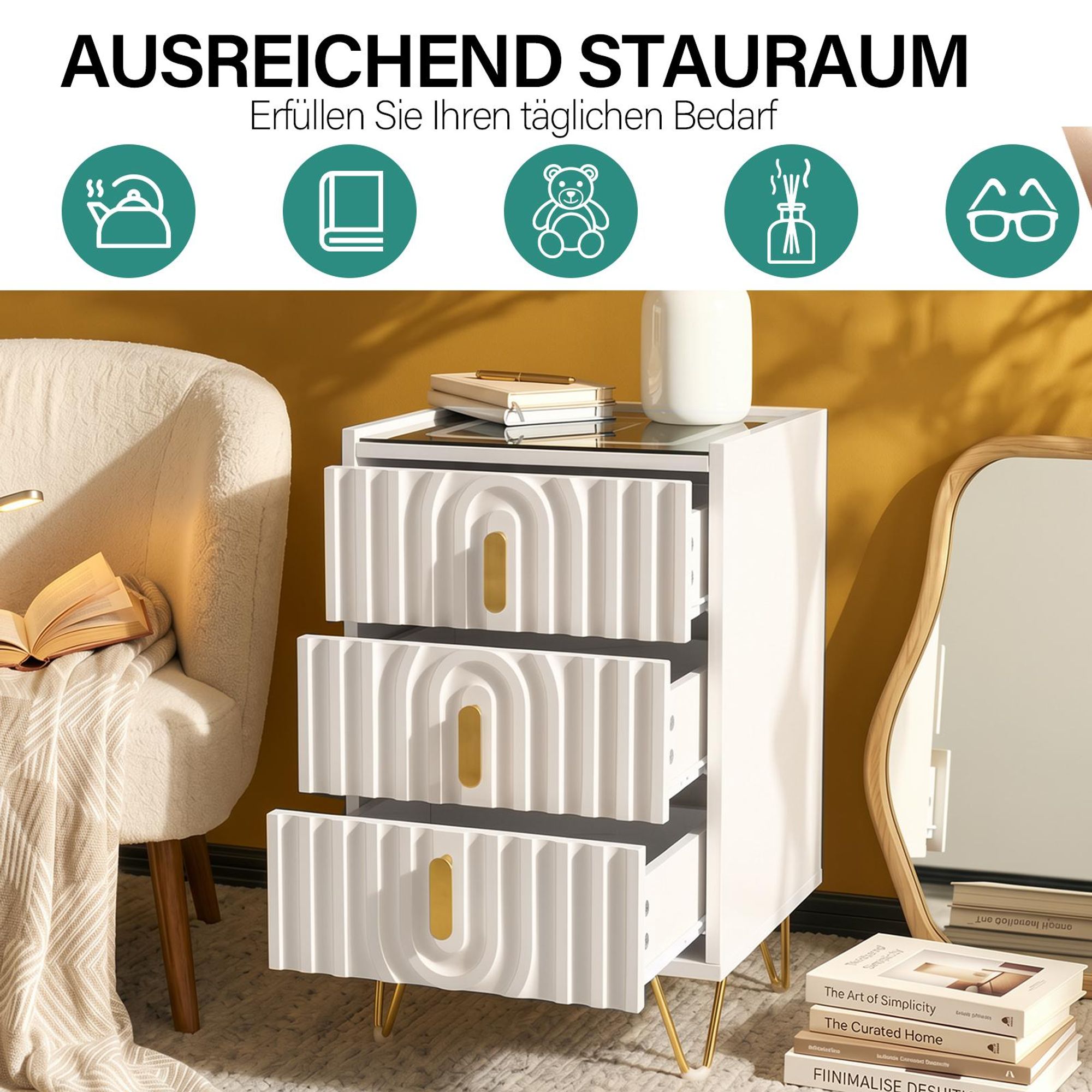 OYAJIA Nachttisch Nachttisch mit LED-Beleuchtung, Beistelltisch mit 15W Kabelloses Laden mit USB + Type-C, Beistelltisch, 3 Schubladen, modern