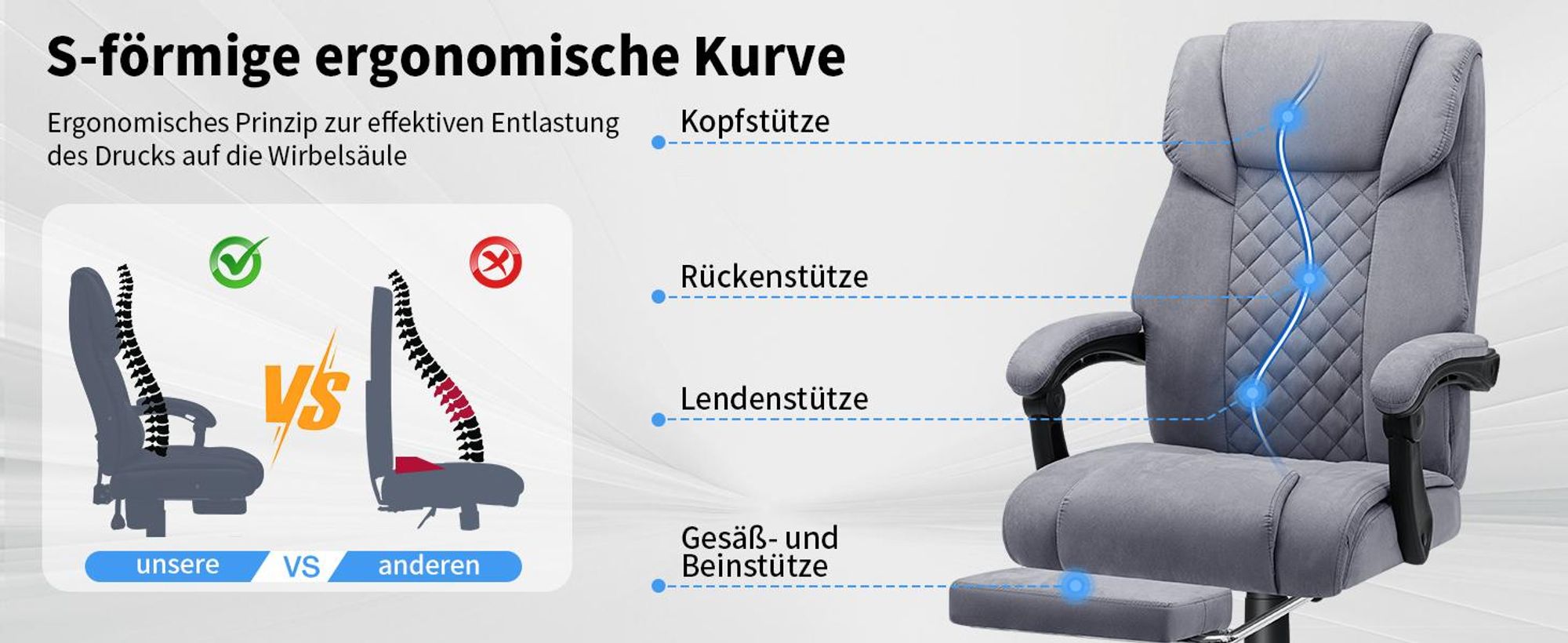 HOFFREE Massage-Bürostuhl mit Wärme & 7 Vibrationspunkten, 180° neigbar, Fußstütze, 200 kg Tragkraft, Chefsessel für große Personen, Grau