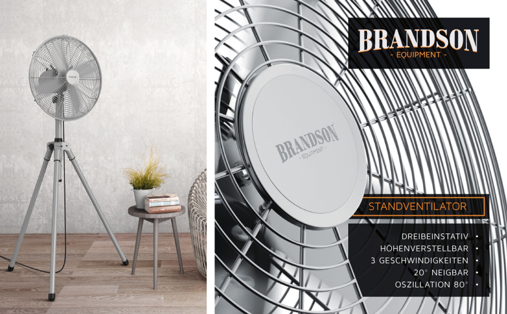 Höhenverstellbarer Dreibein-Ventilator mit Chromgitter vor heller Wand und Holzboden