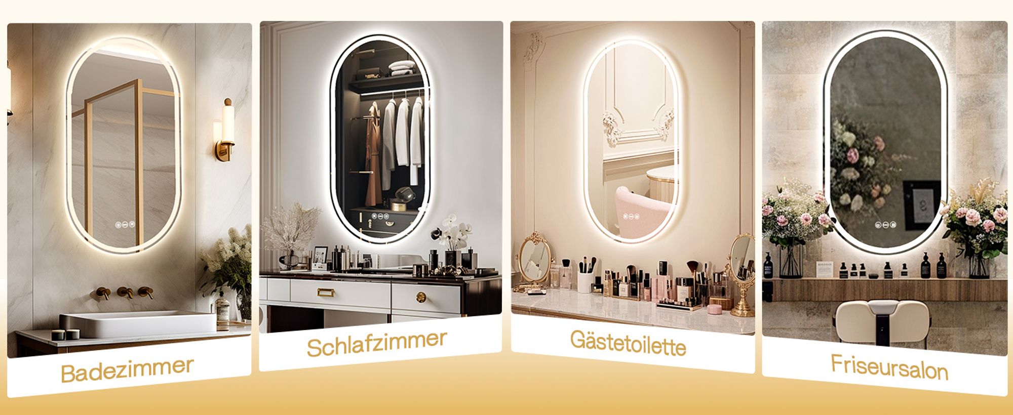 Badspiegel groß mit Beleuchtung, LED Knopfschalter, Antibeschlag, Oval Design