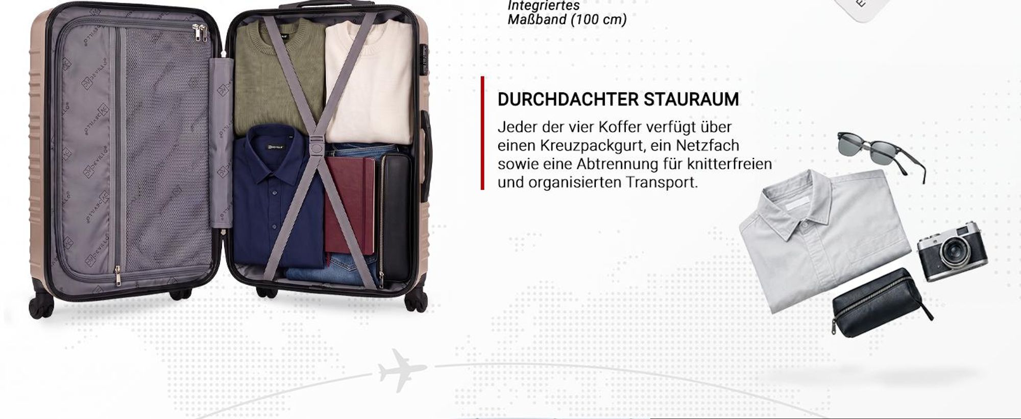 Devillo® Kofferset 4tlg. S-M-L-XL, Champagner - Trolley Koffer Reisekoffer Reisekofferset Gepäck Rollkoffer TSA 4 Rollen ABS-Hartschale Teleskopgriff