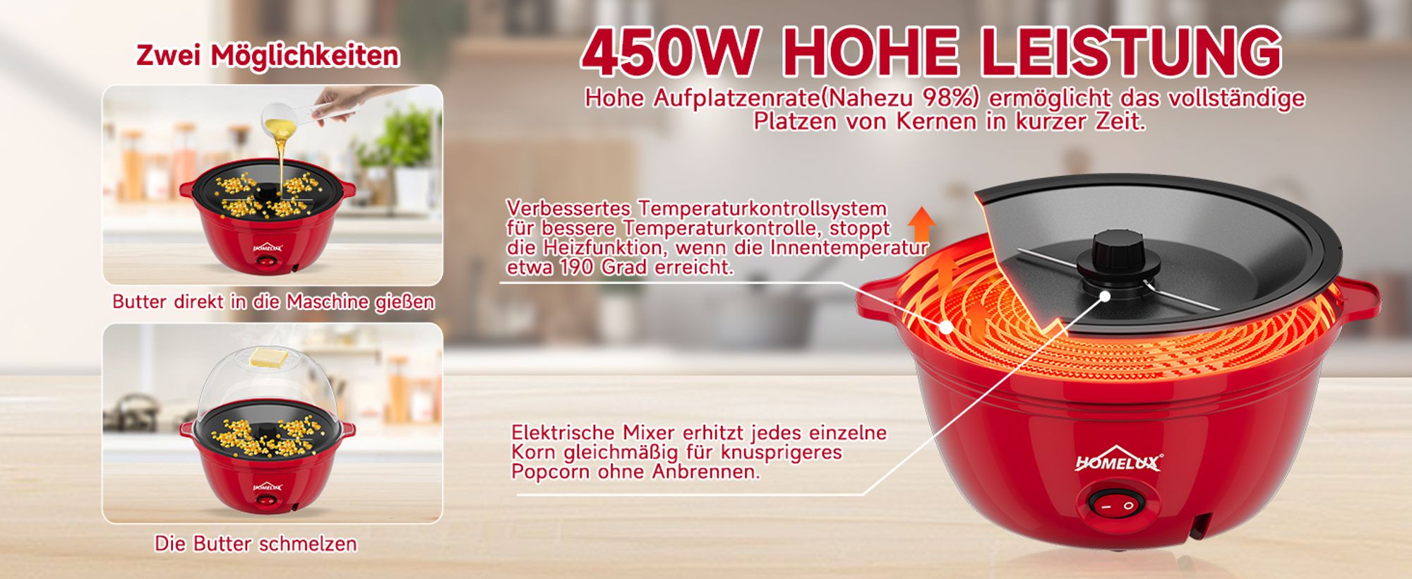 HOMELUX Popcornmaschine Popcorn Maker 450W Mini Popcorn Maschine inkl. Messlöffel Antihaftbeschichtung Gesunder Snack Popper Ohne Fett Öl Für Zuhause