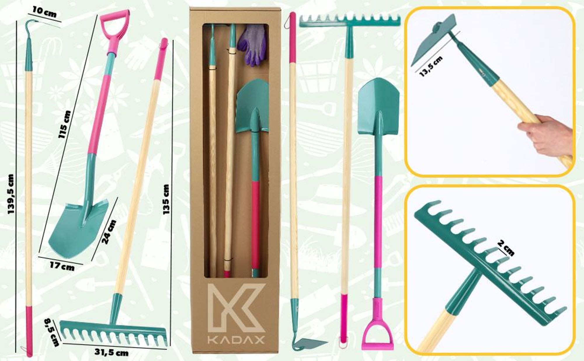 KADAX Gartenwerkzeug-Set "Orum", Metall Spaten, Rechen und Hacke, , inclusive Handschuhe, Schaufeln & Spaten