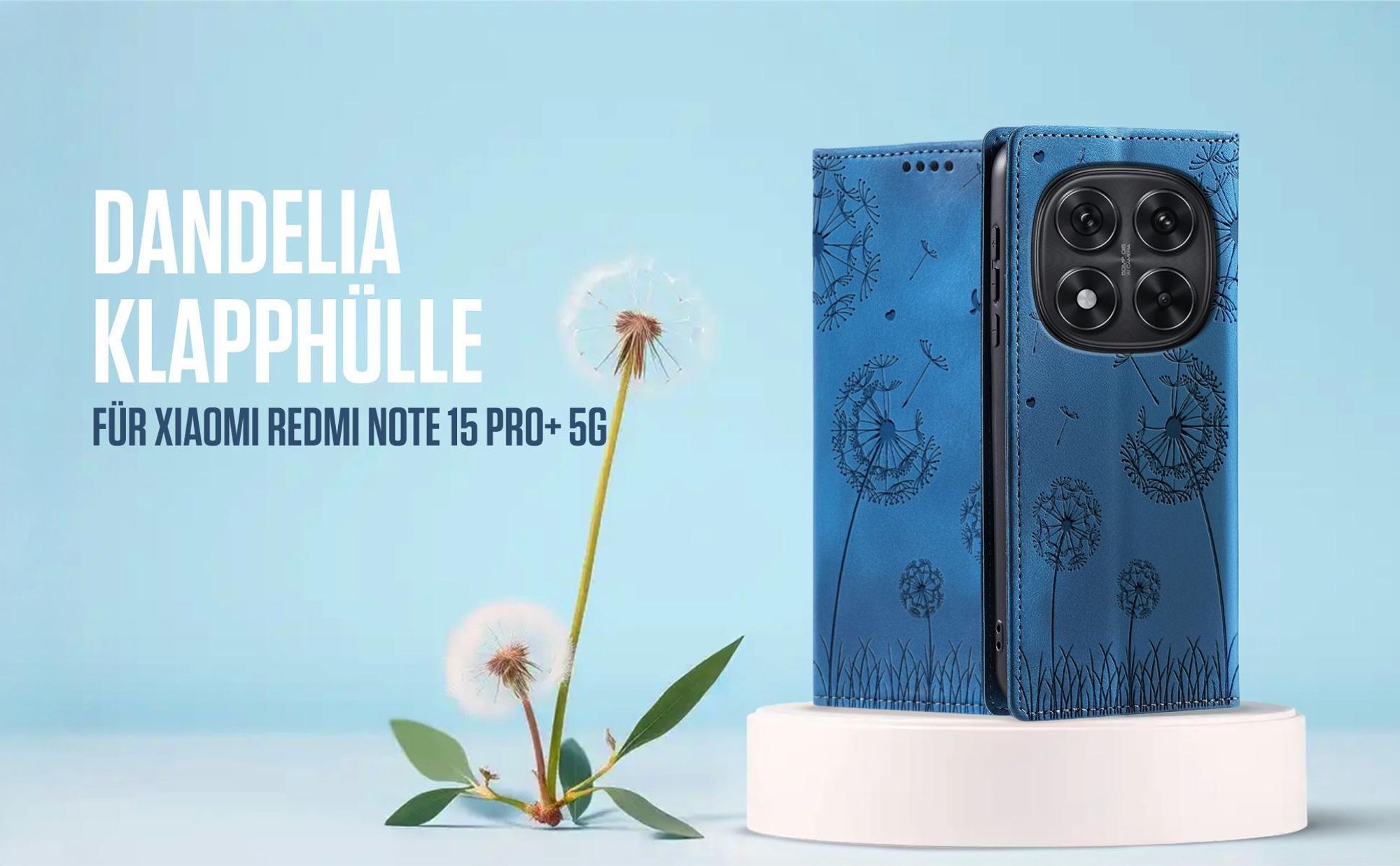 Blaue Klapphülle für Xiaomi Redmi Note 15 Pro+ 5G mit feiner Löwenzahn Prägung