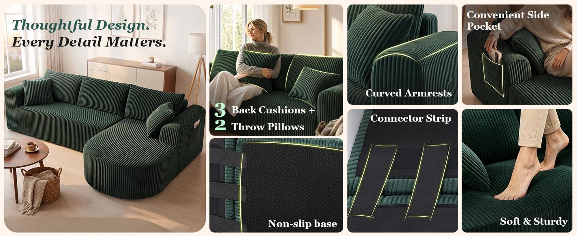 COMHOMA Ecksofa mit Schlaffunktion, 263cm Corduroy Modulares Boneless Couch mit Chaiselongue, L-Form Schlafsofa, Sektionssofas mit Kissen & Seitentasc