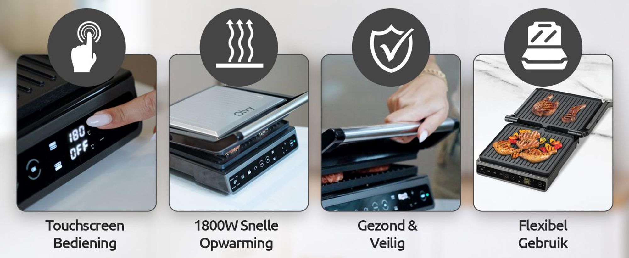 Olvy Contactgrill, 1800W, Elektrische grill, Sandwichmaker, 7 programma's, Paninigrill, Grilltoaster voor binnen, PFAS-vrije platen, Tafelgrill