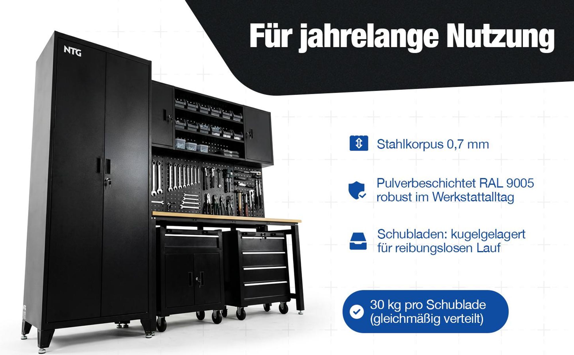 XL Werkstattwand Komplett-Set 210 cm – Modulares Werkstattsystem mit 25 mm Holzarbeitsplatte, Werkzeugschränken, Lochwand & Werkbank, 200 kg Traglast