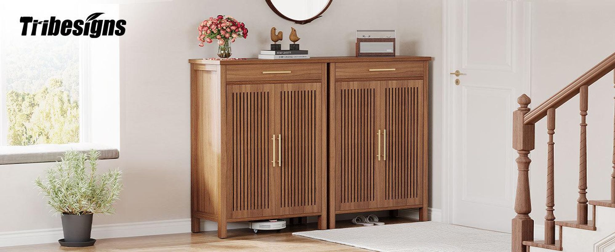 Tribesigns Armoire à chaussures, armoire à chaussures à 5 étages étroite avec portes à lamelles et tiroir, entrée en bois réglable, 80 * 36 * 110cm, brun