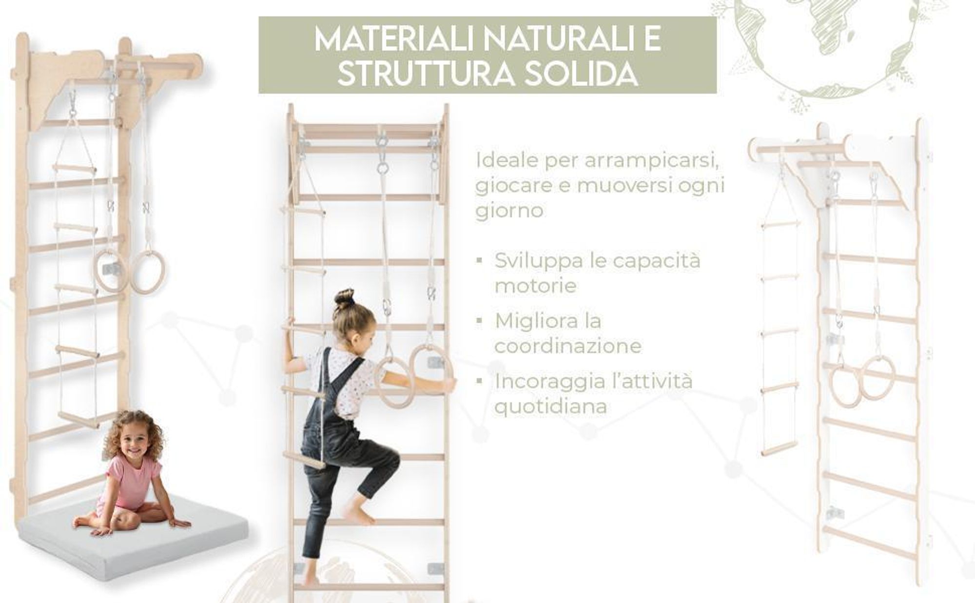 Scala da ginnastica per bambini (210 cm) | Scala da parete in legno | Struttura da arrampicata per bambini | Ruote da ginnastica | Materassino protett