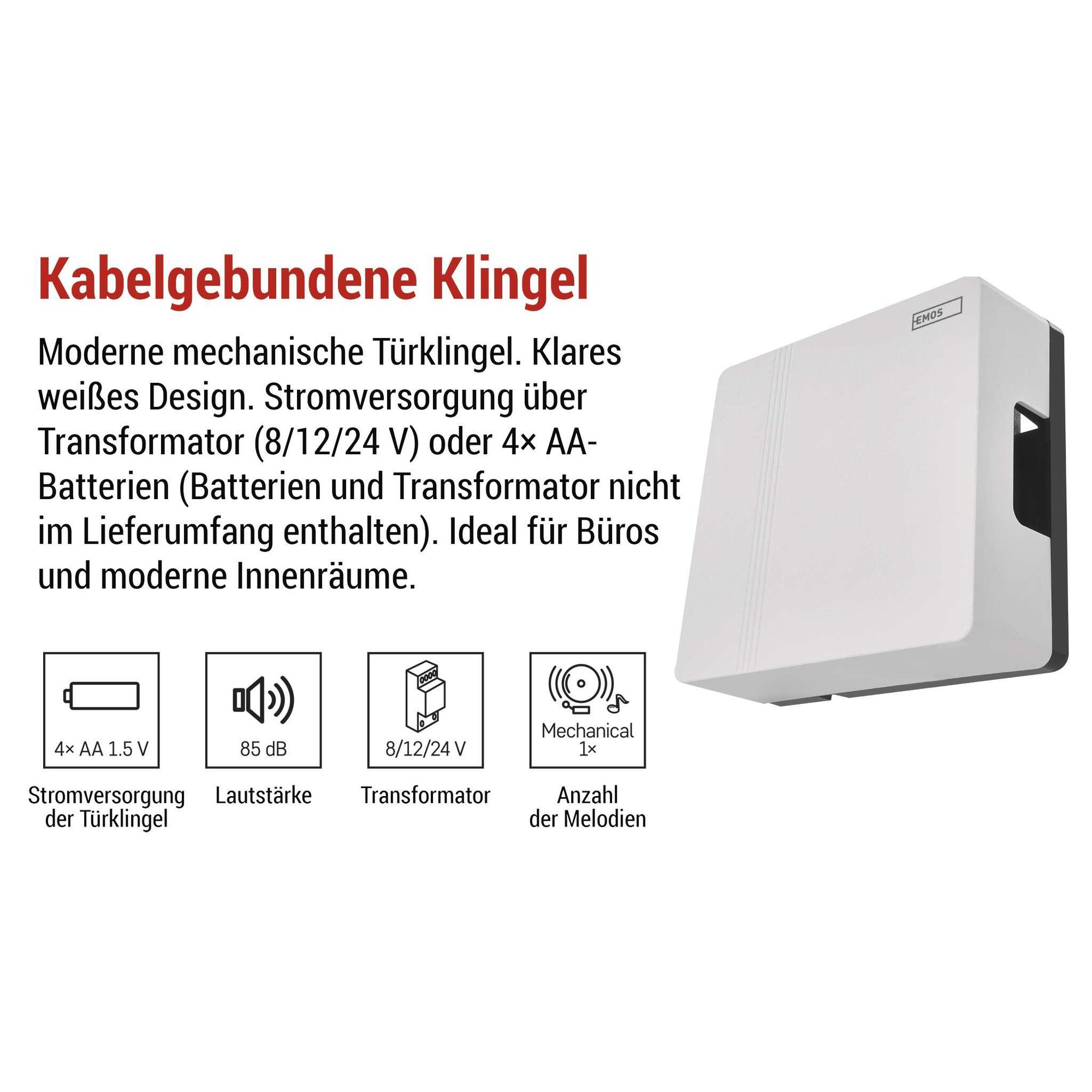 EMOS 2-Draht Türklingel mit Dual-Stromversorgung, 1 Melodie Ding-Dong, Lautstärke 85dB, drahtgebunden, zur Wandmontage, quadratisch, P57101