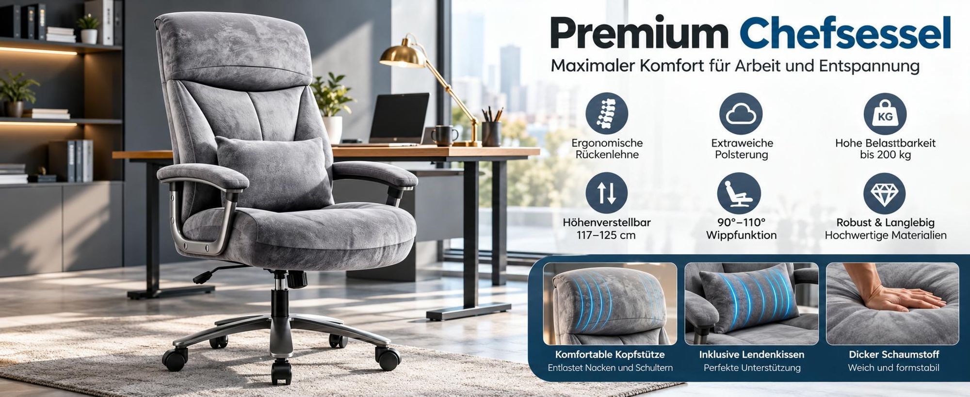 Premium-Chefsessel, ergonomisch, extraweiche Polsterung, bis 200 kg, 90–110° Wippfunktion