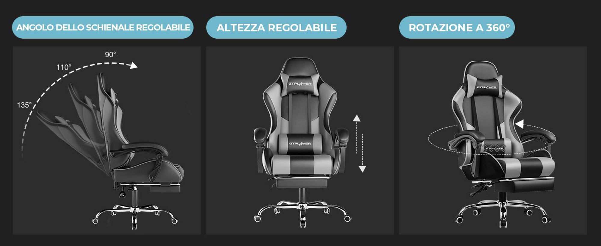 Sedia da gioco GTPLAYER, sedia da ufficio ergonomica con funzione massaggio e poggiapiedi, struttura con maniglie, base in acciaio, grigio