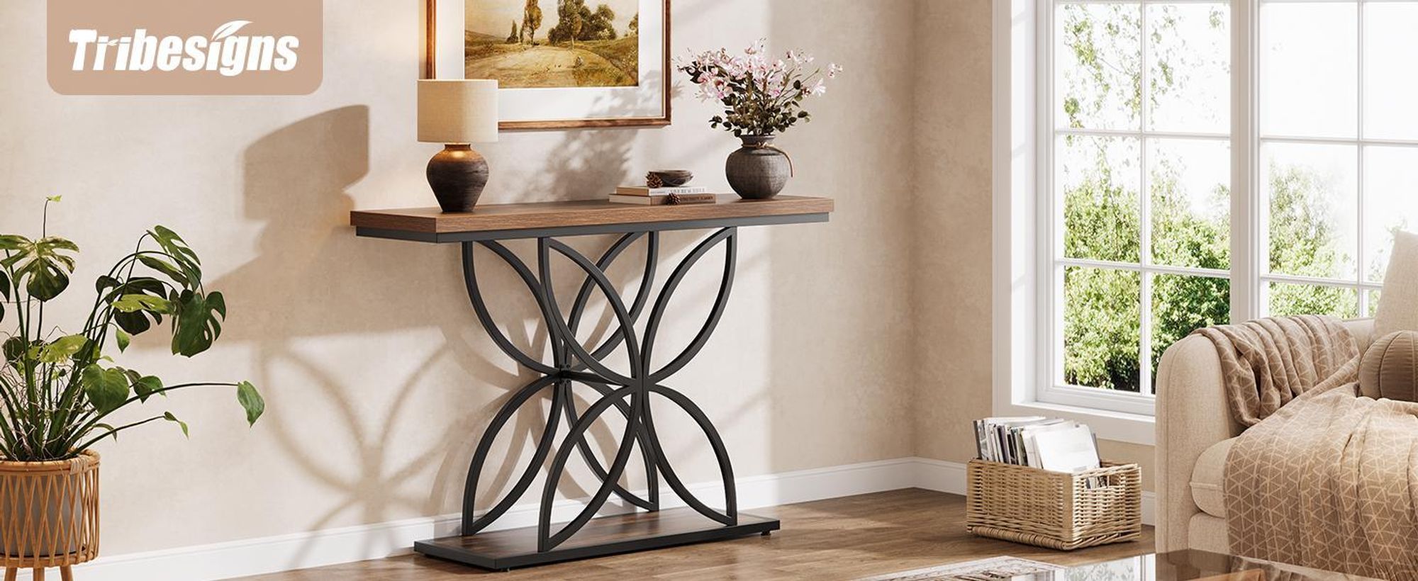 Tribesigns Farmhouse Konsolentisch, 120 cm Eingangstisch mit Metallrahmen, langer schmaler Sofatisch aus Holz hinter der Couch Flur, Eingang, Braun