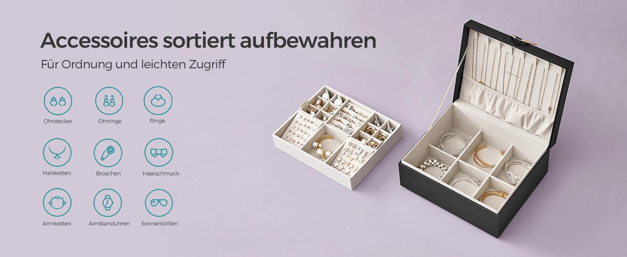 SONGMICS Schmuckkästchen, Schmuckkasten 2 Ebenen, herausnehmbares Schmucktablett