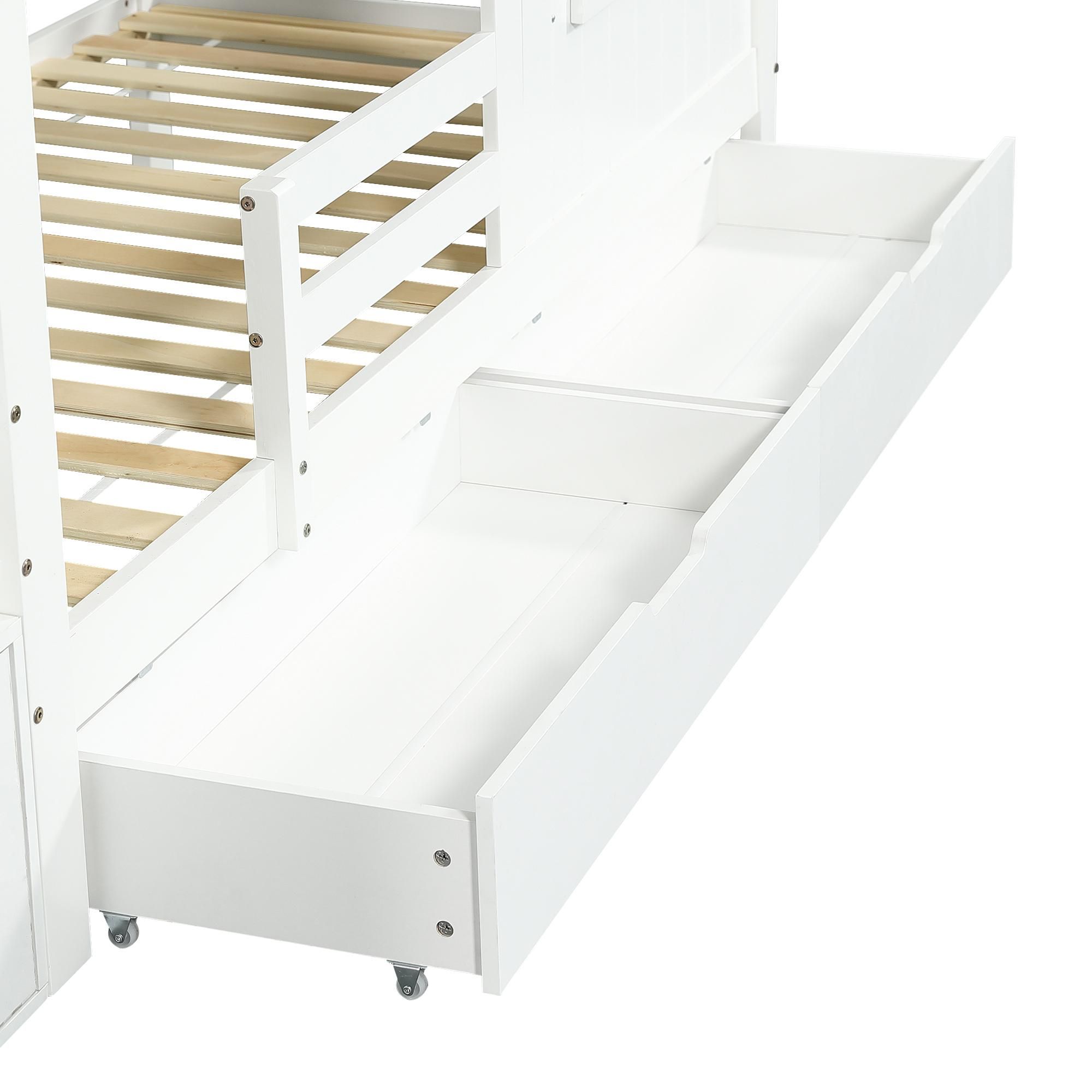 Flieks Etagenbett 90x200cm mit 2 Schubladen, Kinderbett Hausbett mit Fenster und Rausfallschutz, Hochbett Einzelbett 2 Kinder, Weiß
