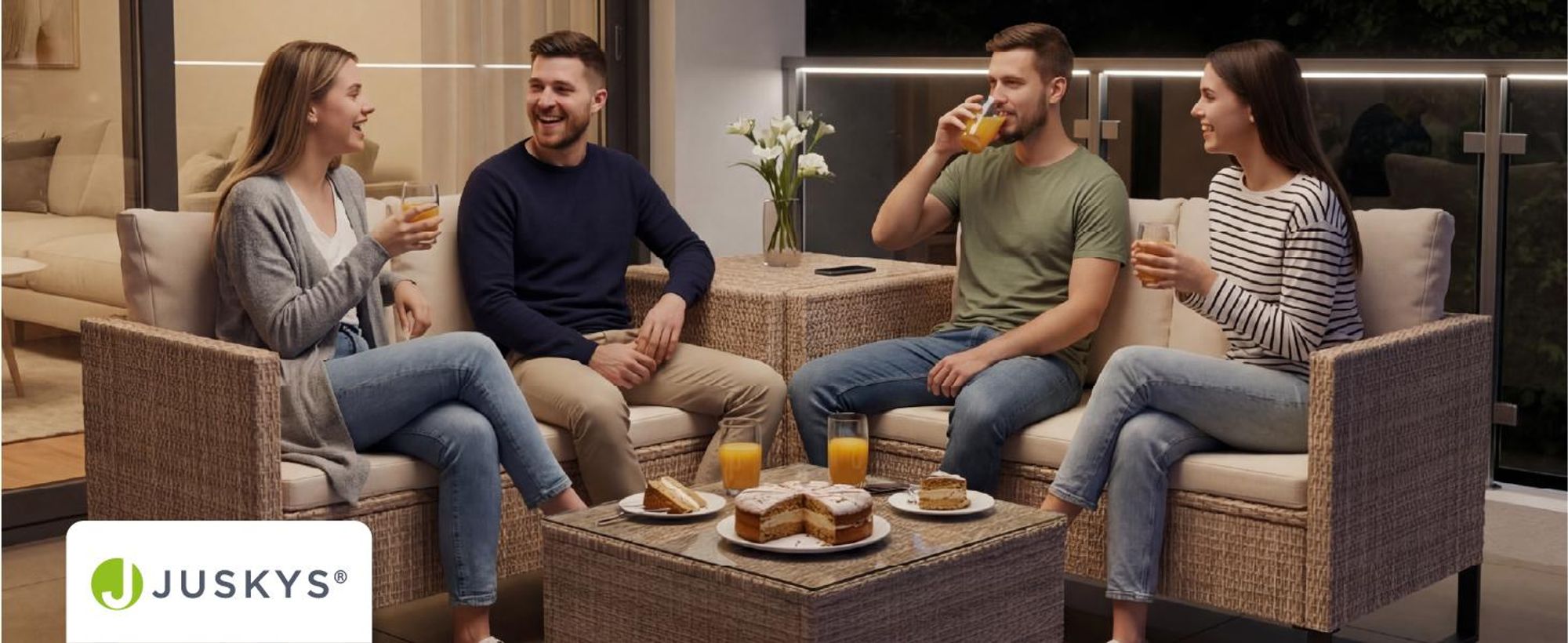 Juskys Polyrattan Lounge Santorini - Sitzecke mit Beistelltisch & Auflagenbox - Creme