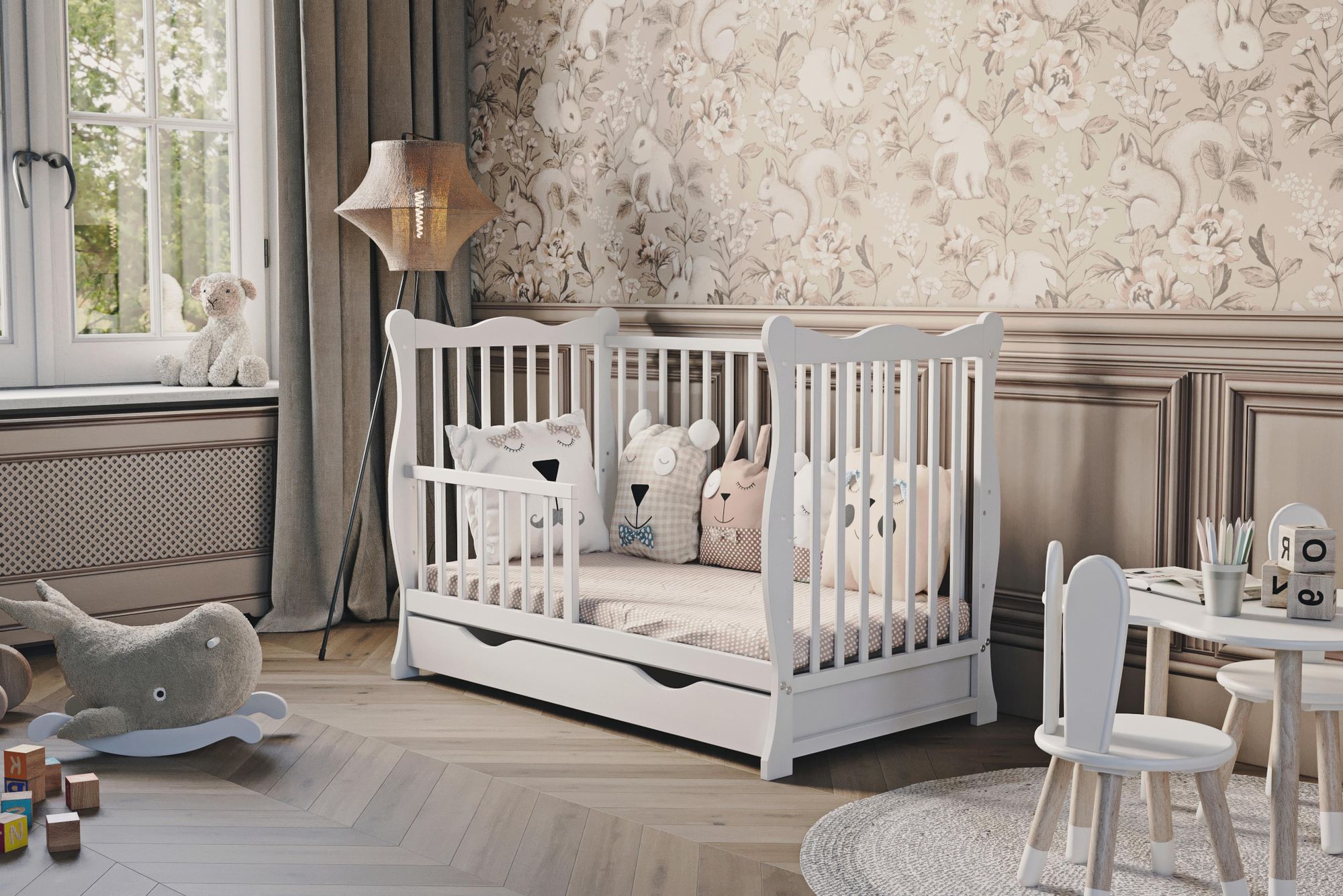 Lit bébé Julia 120x60 cm – blanc, avec barrière et tiroir, sans matelas