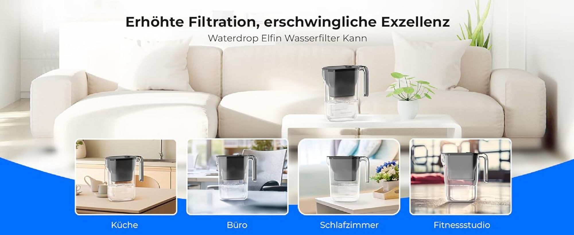 Waterdrop Wasserfilter Kanne Kühlschrank Wasserfilterkrug mit 3-Monats-Filter, 2,5 L, Reduziert Fluorid, Chlor und Mehr(Ersatzfilter: WD-PF-01A Plus)