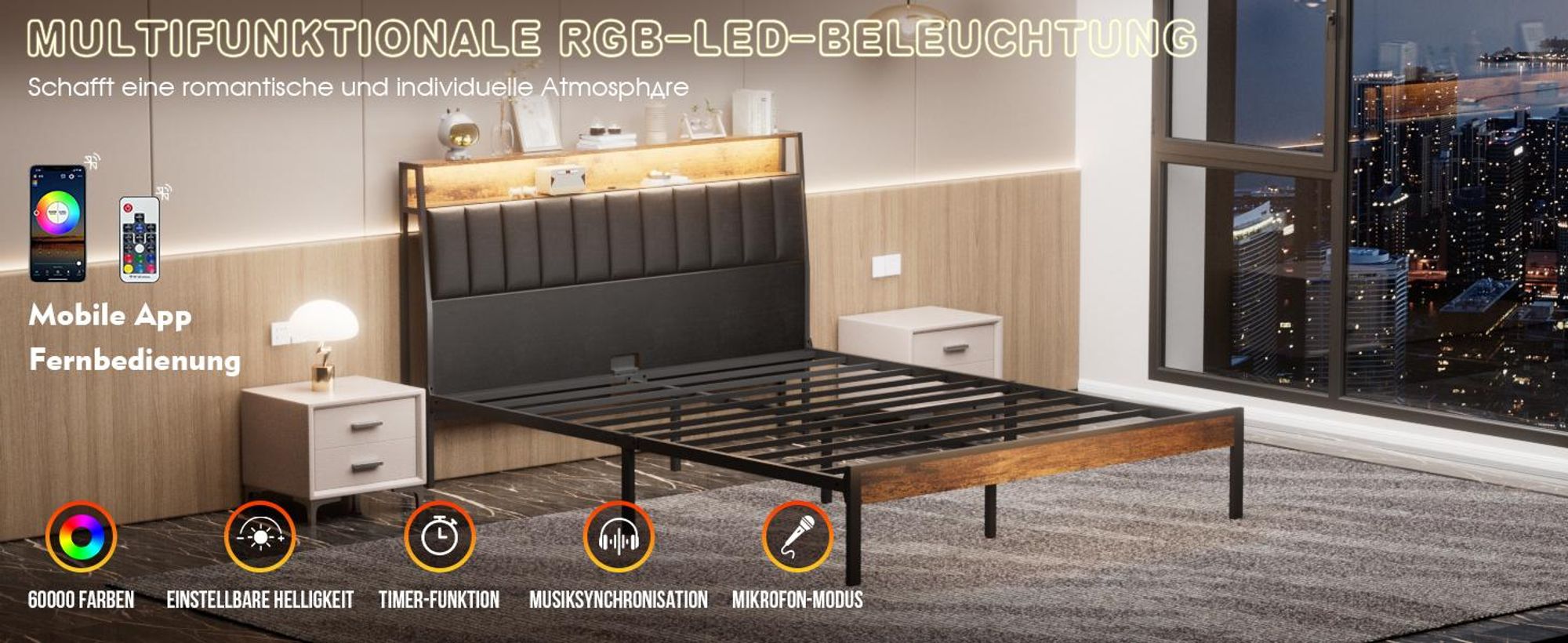 DEWINNER Bettrahmen 140 x 190, mit Metallgestell, 2-Personen-Bett, mit LED und Mehrfachsteckdosen (1 Steckdose, 2 USB-Anschlüsse), Doppelbett