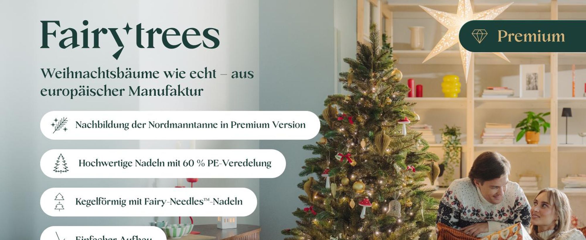 FAIRYTREES Weihnachtsbaum künstlich, Nordmanntanne Premium 150 cm, Naturgetreue Spritzguss Elemente,  EU, Künstlicher Weihnachtsbaum mit handgefertigtem Ständer aus Eschenholz