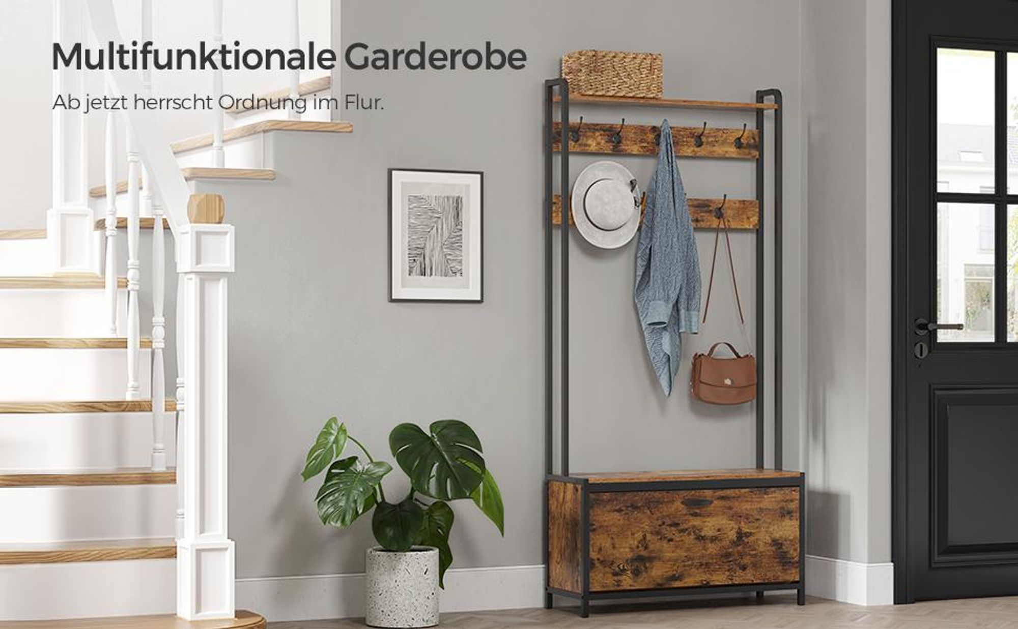 VASAGLE Garderobenständer mit Schuhschrank, Garderobe mit Sitzbank, Kleiderständer, Schuhkipper, 9 Haken, obere Ablage, für Flur, Schlafzimmer, Industrie-Design, vintagebraun-schwarz HSR405B01