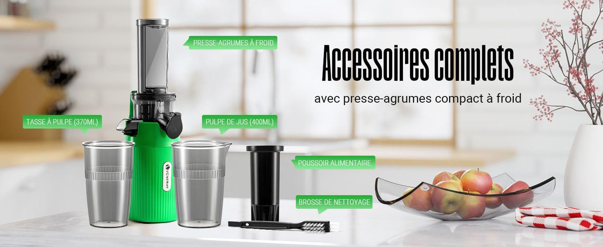 Ventray Essential Ginnie Juicer - Cold Press Slow Juicer, Compact & Silencieux (60 tr/min, ouverture de remplissage de 45 mm), sans BPA, bouchon de sécurité, 400 ml