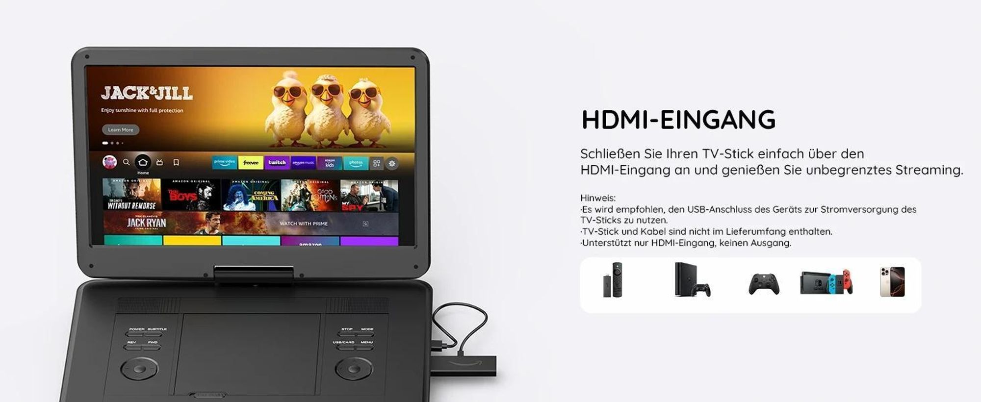 Boifun tragbarer DVD-Player mit ATSC-TV und FM-Radio 15,6-Zoll-HD-Schwenkbildschirm integriertem Akku HDMI-Eingang für TV-Stick USB-/TF-Karten