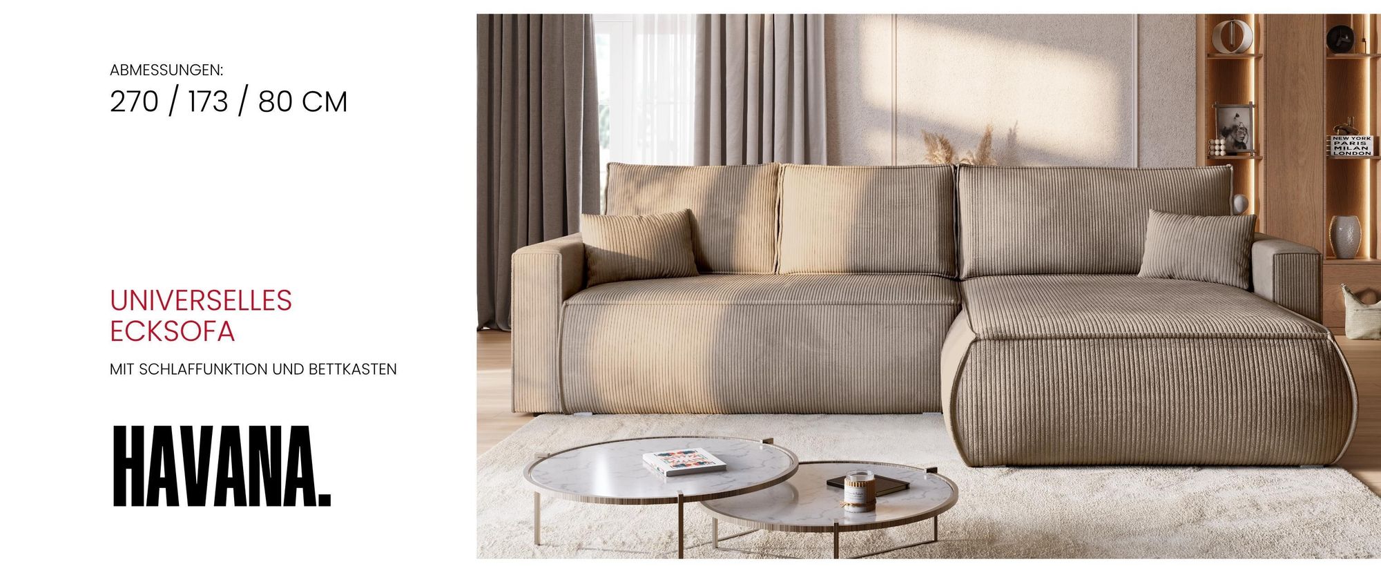 BroMARKT Ecksofa HAVANA Schlaffunktion Bettkasten L-Form 120x236 cm Beige