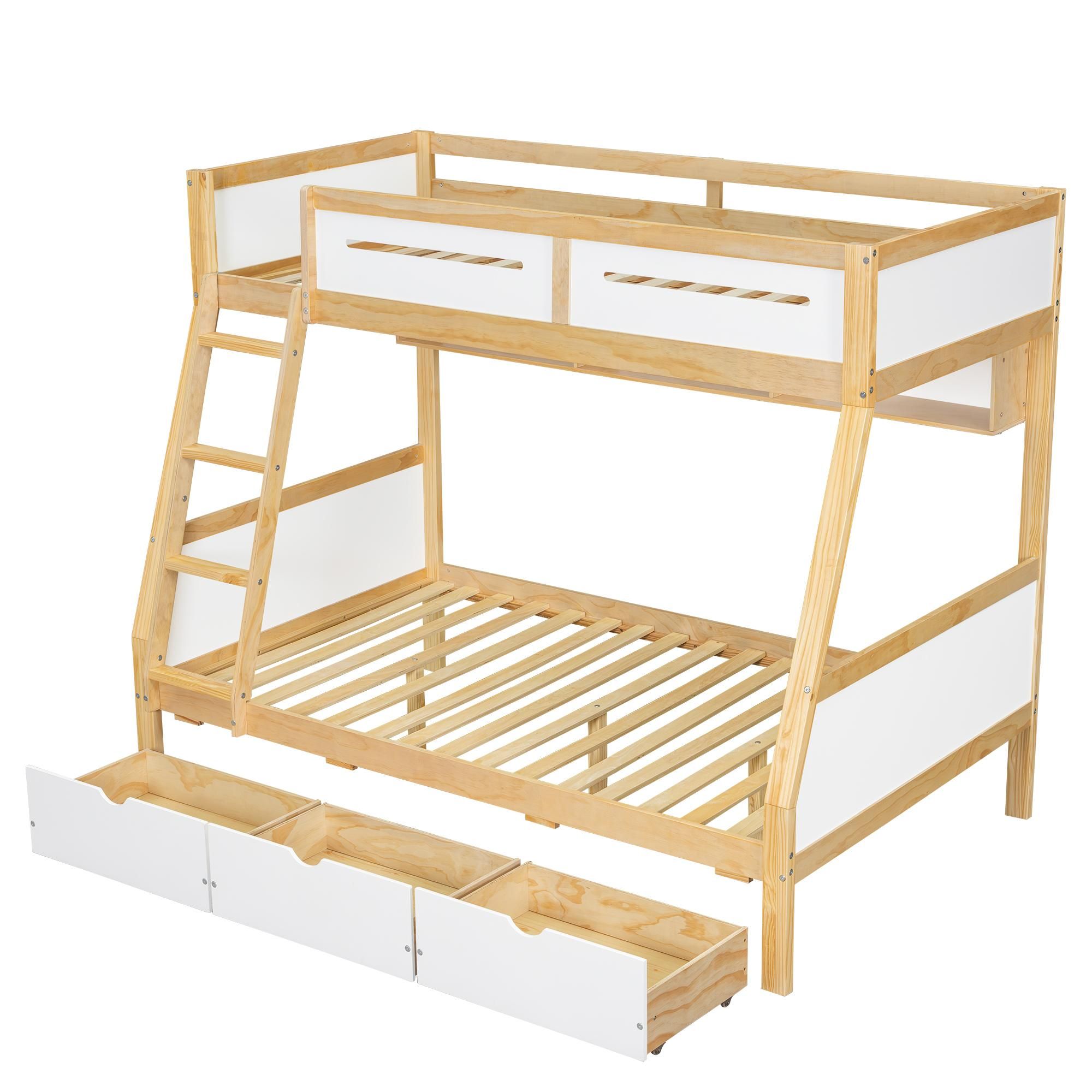 Flieks Etagenbett 90x200cm / 120x200cm, Hochbett Kinderbett mit Schubladen und Regal, Holzbett Stockbett mit Rausfallschutz, Naturbelassen