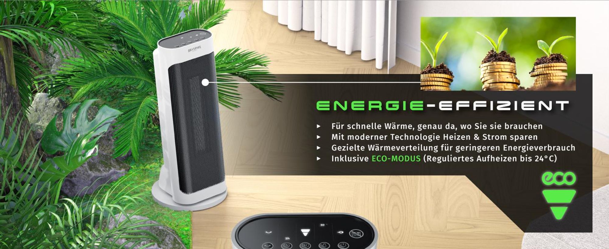 Brandson 2000W Keramik Heizlüfter mit Fernbedienung, 80° Oszillation, Überhitzungsschutz, Automatische Abschaltung, Umkippschutz, 1-7h Timer, 2 Leistungsstufen, Weiß