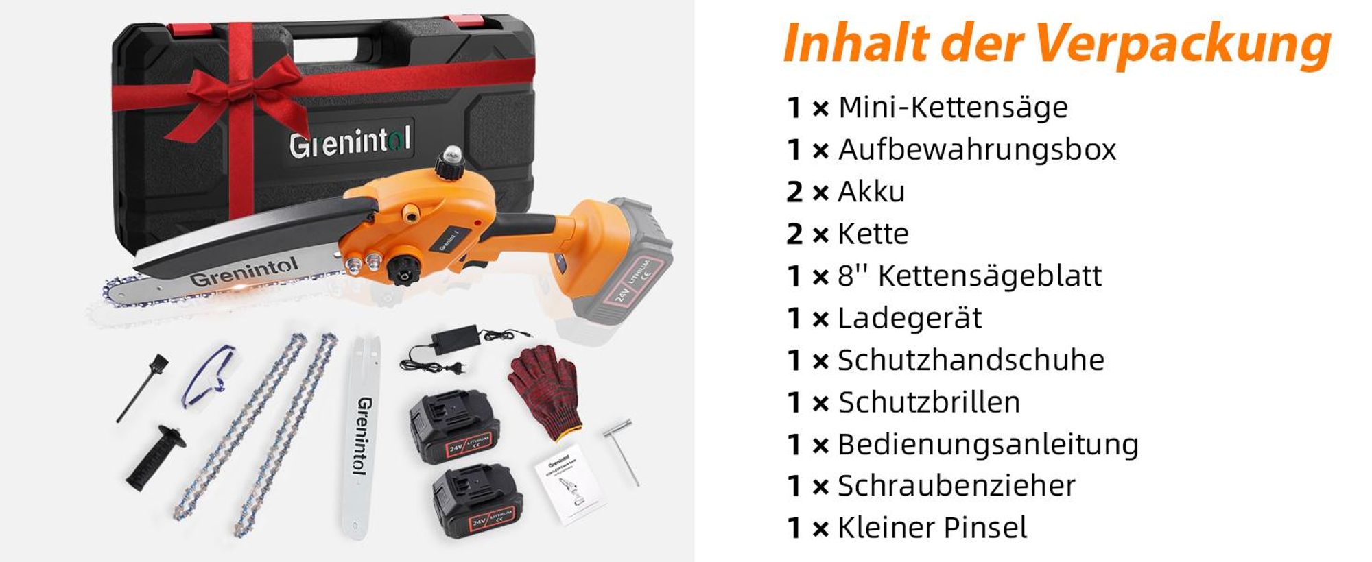 Grenintol 8 Zoll Akku-Kettensäge, 1000 W Mini Kettensäge mit 2 × 3000 mAh Akkus, Astsäge, Akku Motorsäge, Einhand-Kettensäge für Äste, Garten und Holz