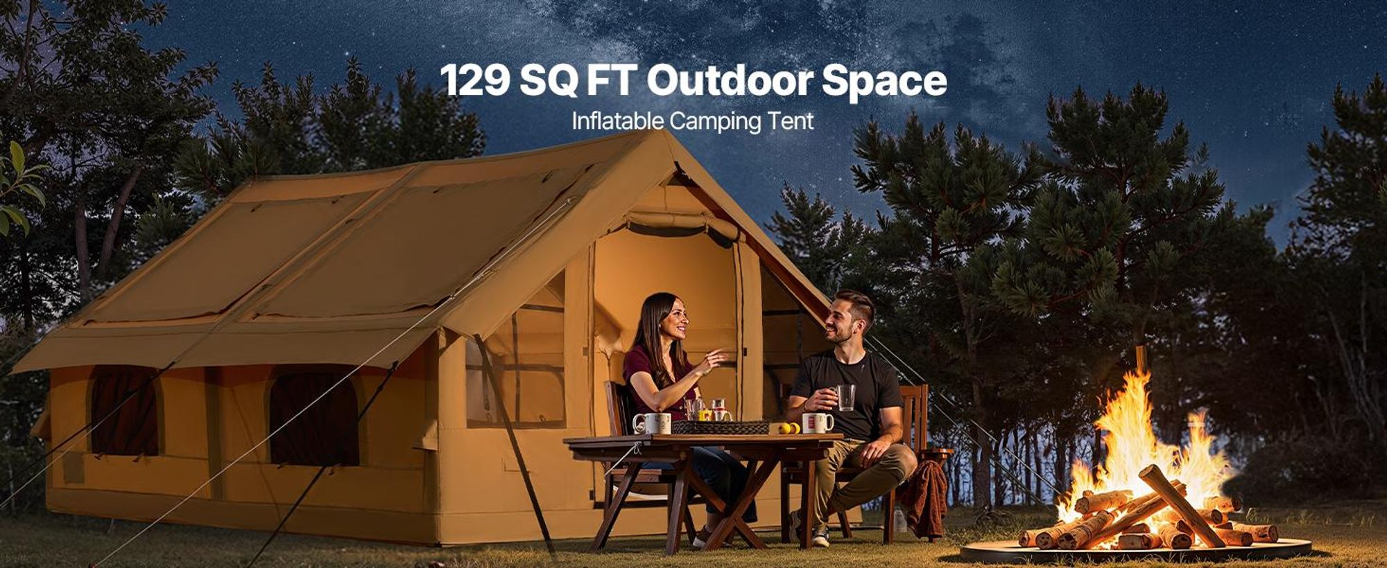 VEVOR Aufblasbares Campingzelt, 4 x 3 x 2,2 m, Luxus-Campingzelt mit 2 Oberlichtern, Baldachin, Herdanschluss, 2 Türen, Netzfenstern und Aufbewahrungstasche