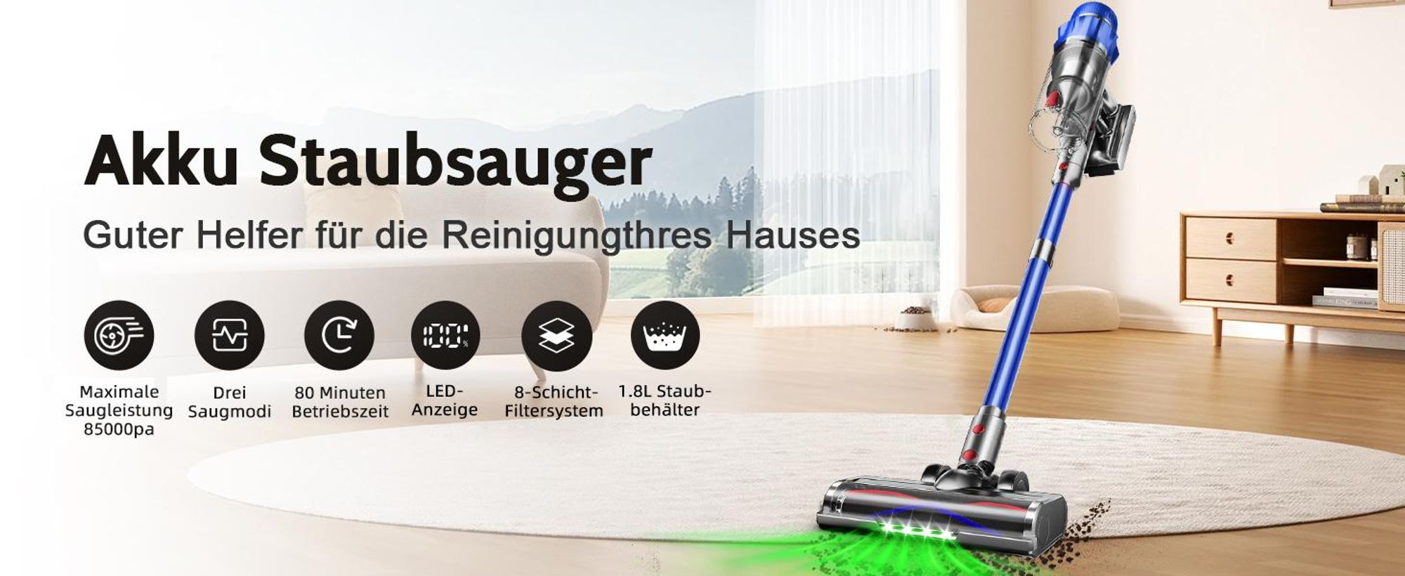 Aiibot Akku Staubsauger, 85000Pa/80Mins/750W Staubsauger Kabellos mit Smart Display , 50dB Ultraleiser Staubsauger mit Anti-Tangle-Bürste, 3 Saugmodi