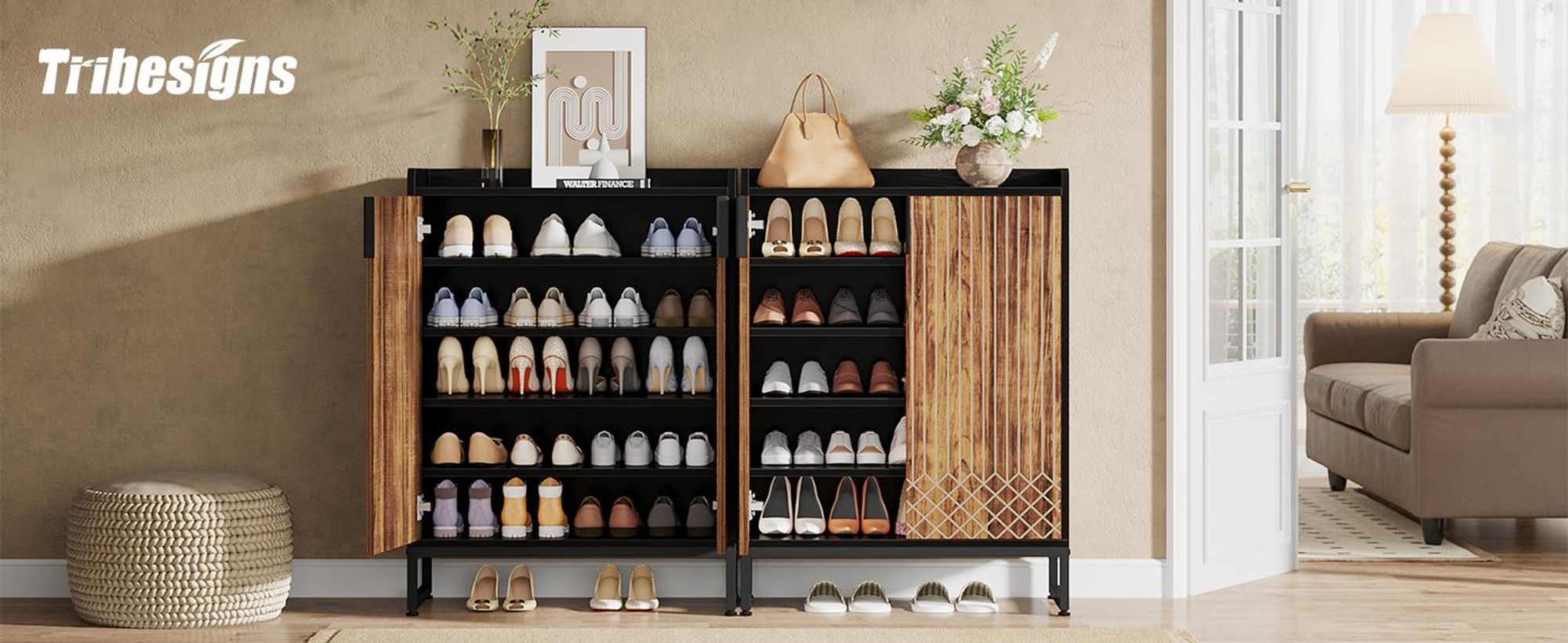 Tribesigns Schuhschrank mit 2 Türen, 75x35x105cm, Schuhregal Schuhkommode für 25 Paare, Schuhschrank weiß mit goldenem Metallrahmen,Schrank Flur Braun