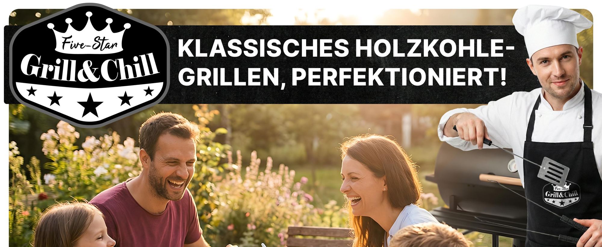 Grill & Chill Gartengrill, Holzkohlegrill - großer Chromrost 71×35 cm, Deckel, Aschekasten, Thermometer, Zwei Transporträder, GC0002