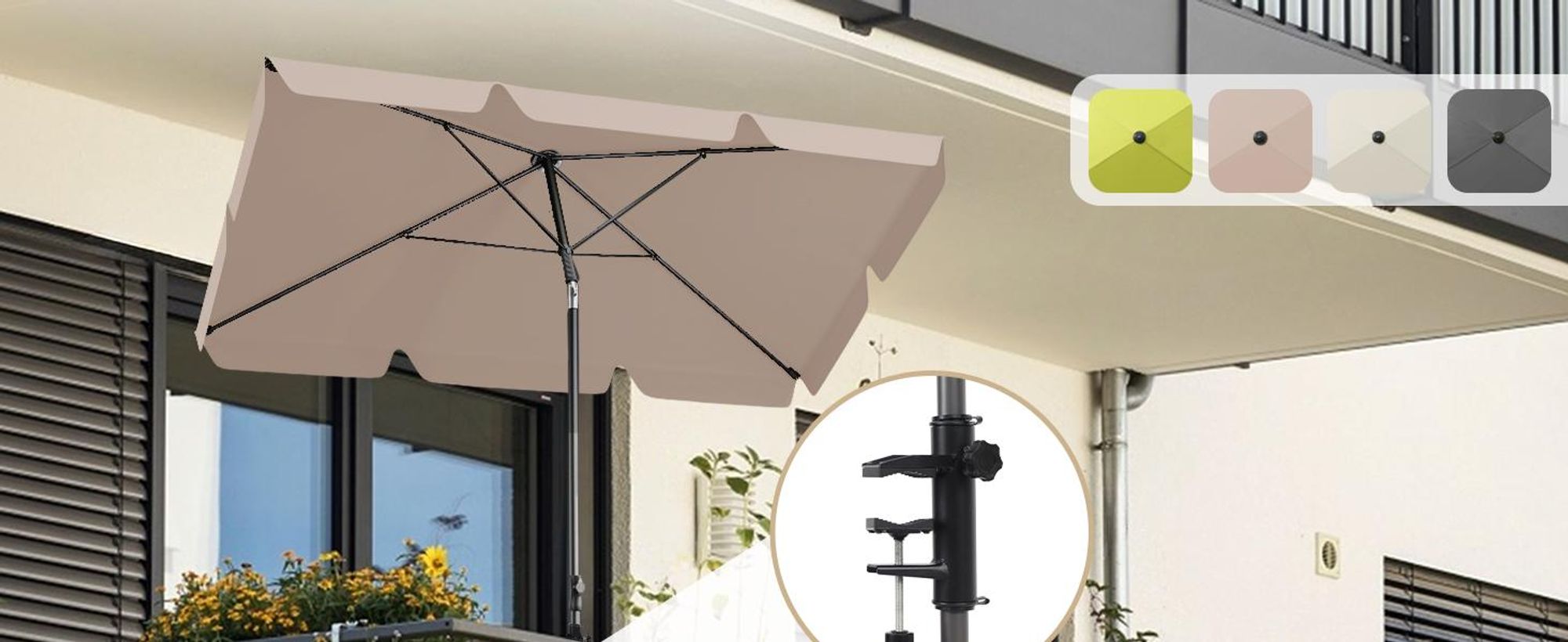 Sekey Sonnenschirm 200 x 125 cm Rechteckig Balkonschirm mit Balkonklammer und Schutzhülle, Neigbar, UV50+ Schutz, Taupe