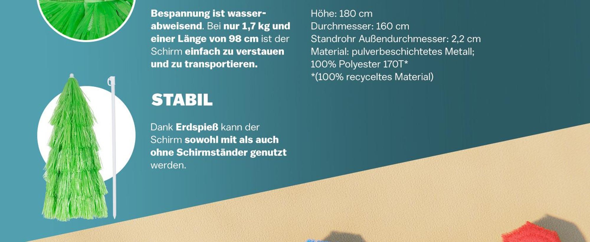 KINGSLEEVE® Sonnenschirm Hawaii Ø160cm Neigbar Höhenverstellbar UV Schutz 30+ Groß Rund Balkon Strand Strohschirm Strandschirm Bast Hawaiischirm Grün