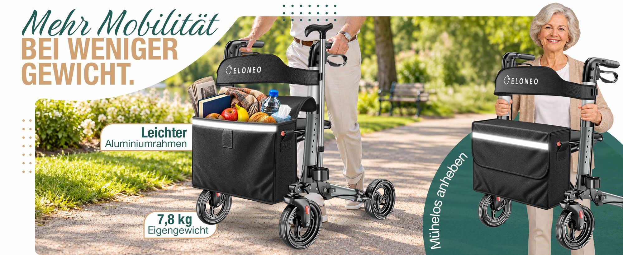 ELONEO Rollator faltbar und leicht mit Sitz, Leichtgewicht-Reiserollator aus Aluminium, Gehhilfe 8-fach höhenverstellbar, Laufhilfe 3-fach faltbar
