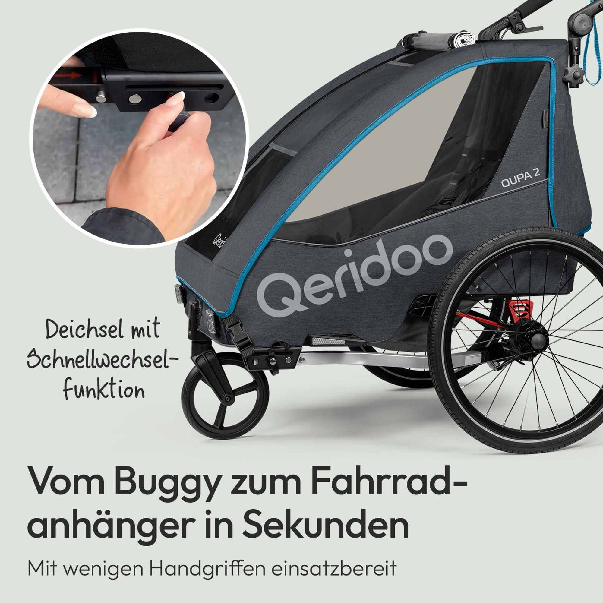 Qeridoo QUPA 2 - Kinderfahrradanhänger für 2 Kinder, Farbe: Blue