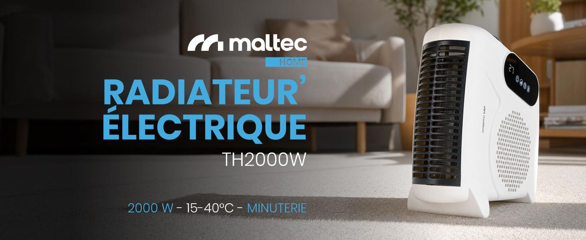 Chauffage électrique MalTec, chauffage rapide, fonction ventilateur, 2000 W, thermostat (15–40 °C), minuterie, télécommande, couleur : blanc