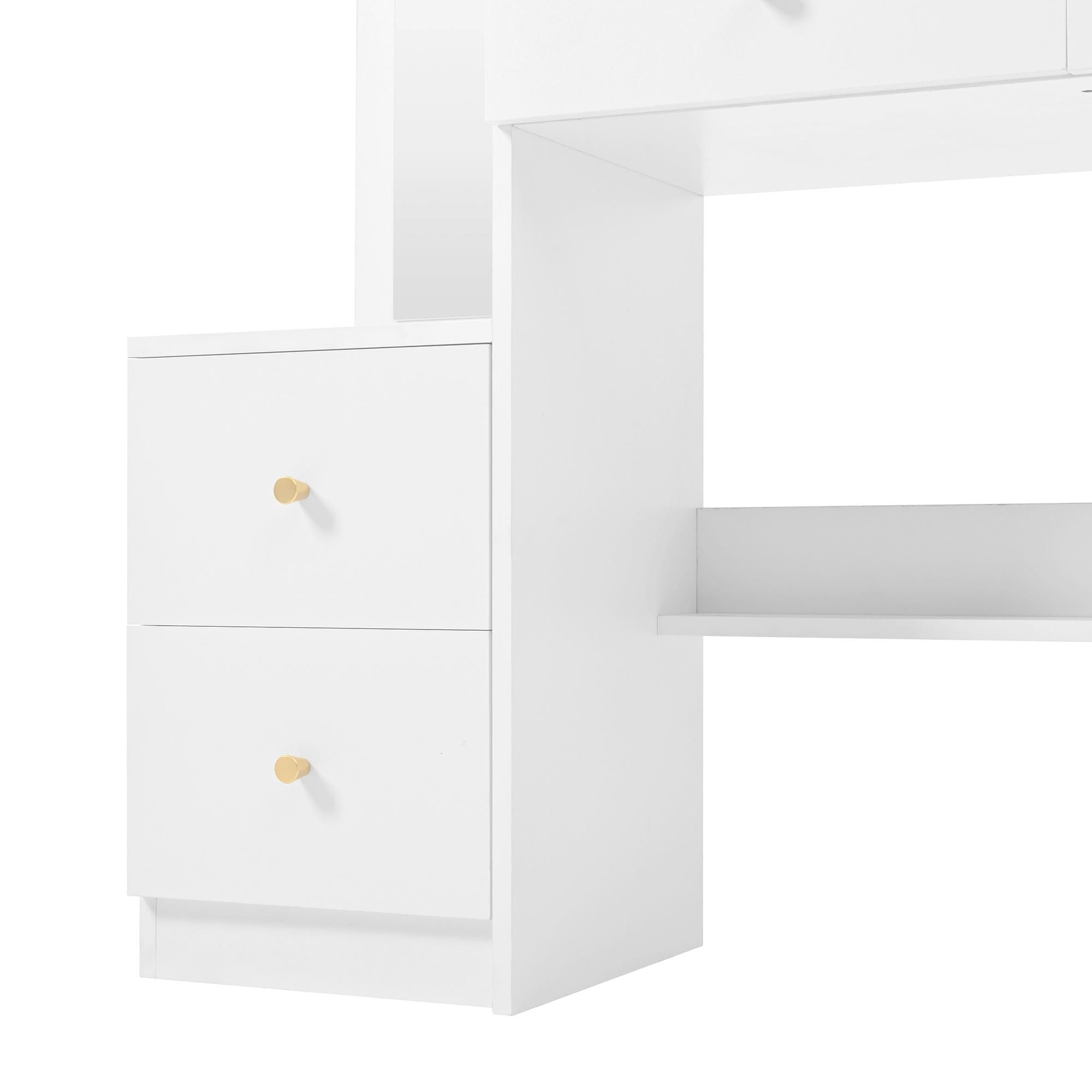 Merax 4-in-1 Schminktisch mit Hocker, Ganzkörperspiegel, drehbarem LED-Tischspiegel, Einstellbare Helligkeit, 4 Schubladen und offene Regale, Weiß