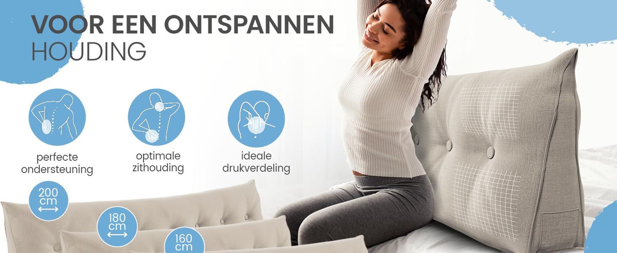 ELONEO rugkussen, 120 cm breed, geschikt als keilkussen voor bed en bank, driehoekig leeskussen, kussen met afneembare en wasbare hoes