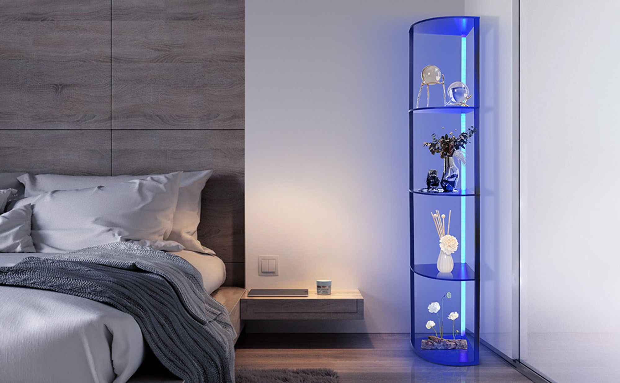 5 Stehend Eckregal 6 Farbtemperaturen LED Stehlampe 1.6m Stehlampe mit Regal aus Holz 2700-6500K RGB Eckvitrine Standleuchte Wohnzimmer Schlafzimmer