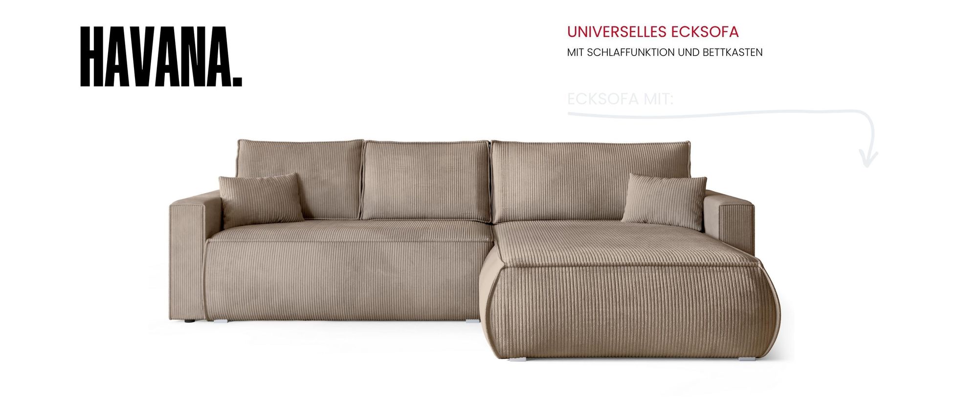 BroMARKT Ecksofa HAVANA Schlaffunktion Bettkasten L-Form 120x236 cm Beige