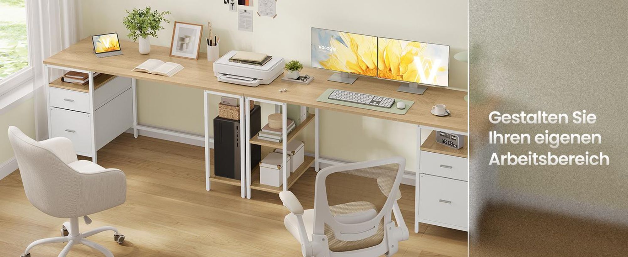 VASAGLE Schreibtisch mit 3 Ablagen, Bürotisch mit 2 Schubladen, 160 x 60 x 76 cm, moderner Stil, eichenfarben-weiß
