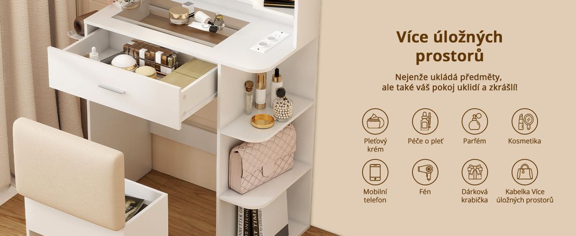 Kosmetický stolek Puluomis s regulovatelným LED osvětlením, toaletní stolek se zásuvkou, držákem na fén, USB porty a zásuvkami, skleněnou deskou, a stolička s úložným prostorem, bílá barva