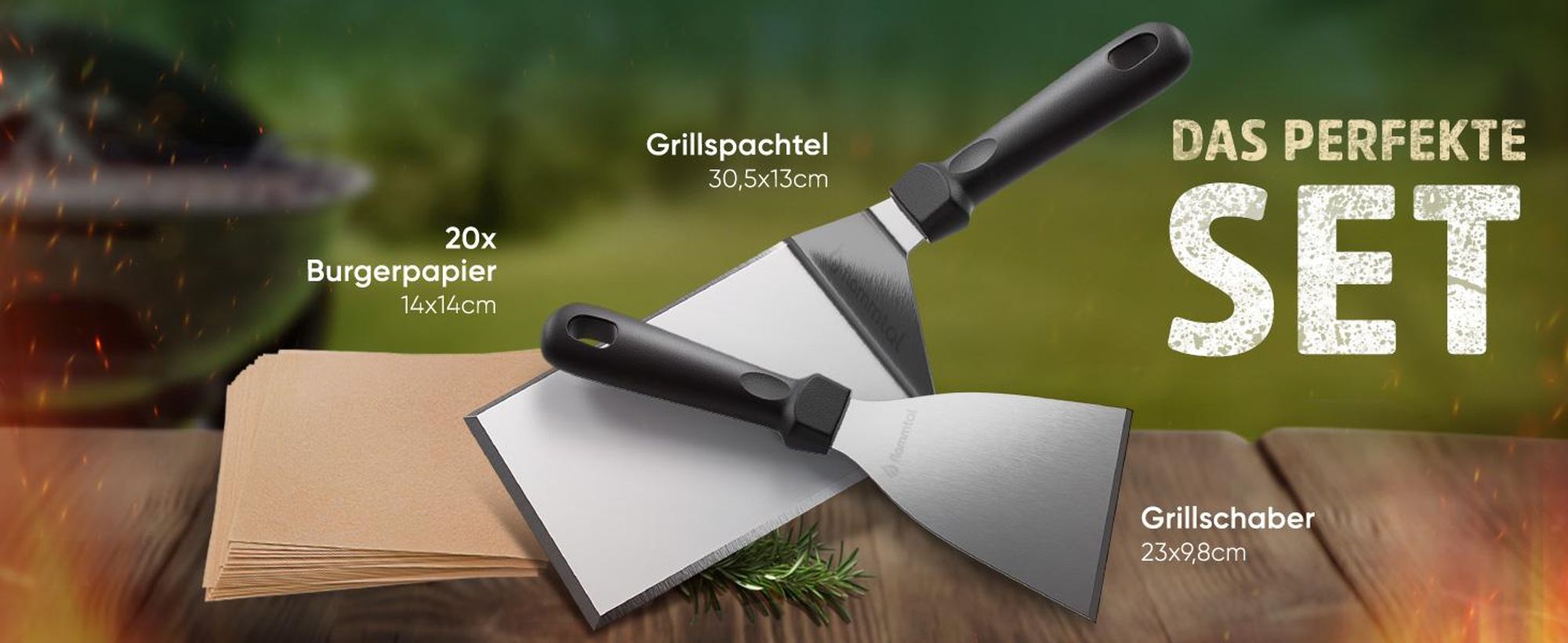 Flammtal Smash Burger Set aus Edelstahl – Hochwertiger Plancha Spachtel inkl. 20x Burgerpapier für Smash Burger – Spachtel für Plancha & Teppanyaki