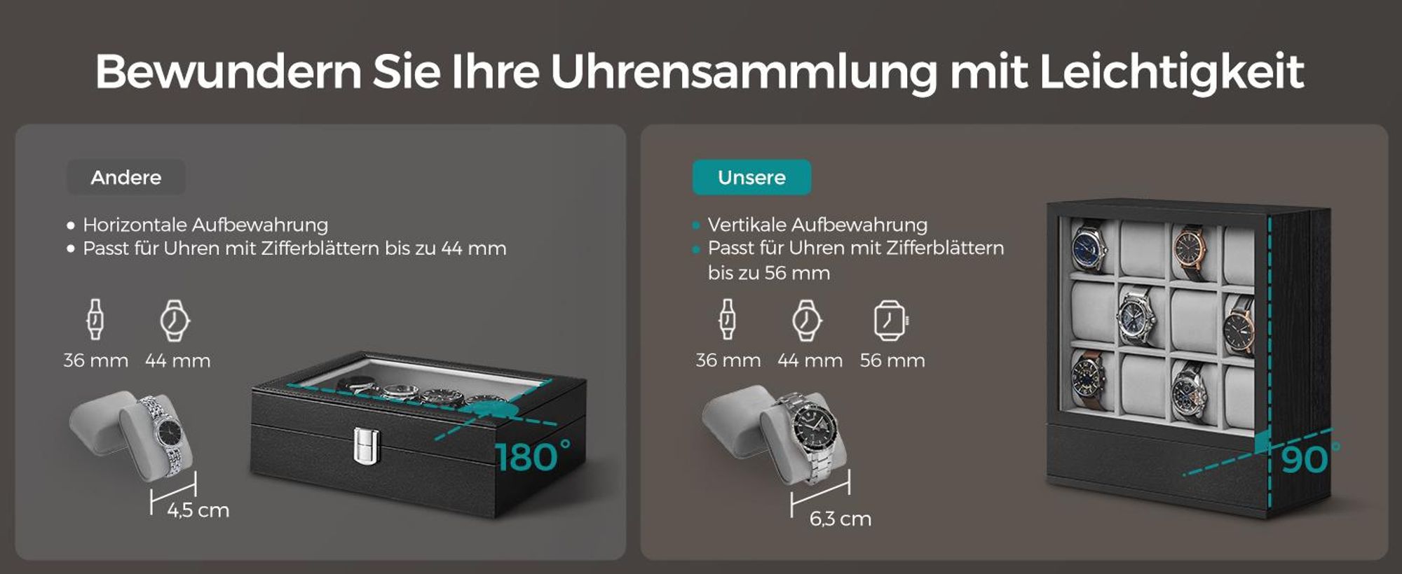 SONGMICS Uhrenbox Uhrenbox 12 Fächer, Uhrenkasten, vertikale Aufbewahrung,Geschenkidee